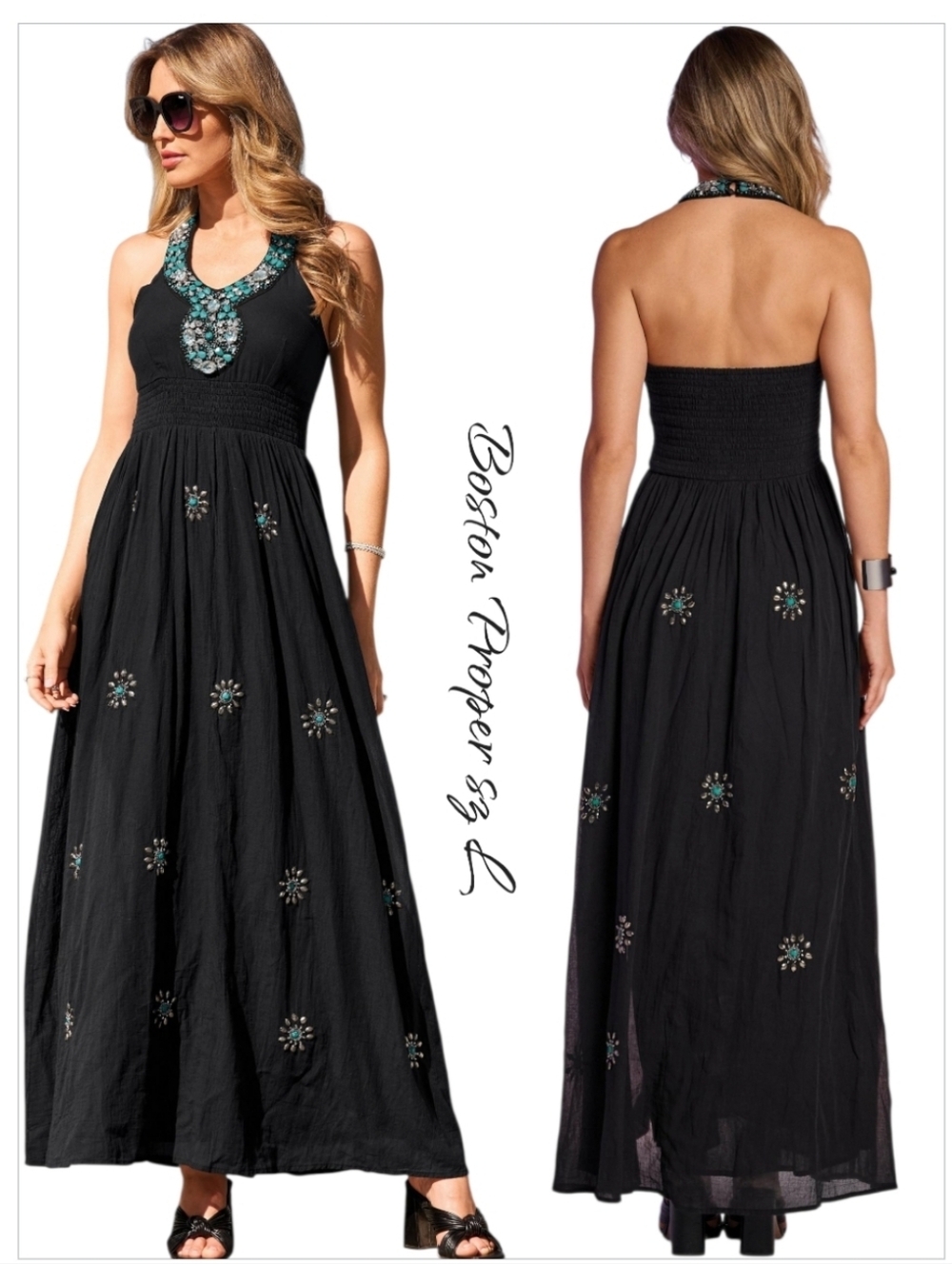 Boston Proper Turquoise Embellished Halter Maxi Dress Black Size L NWT